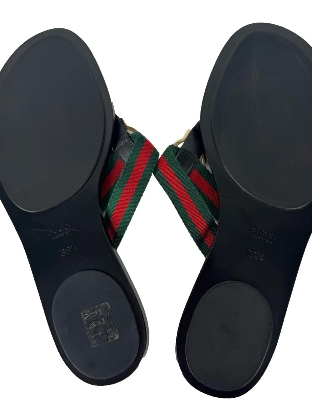 Gucci Black Leather Thong Sandals with Red and Green Web and Gold GG - Picture 8 of 15